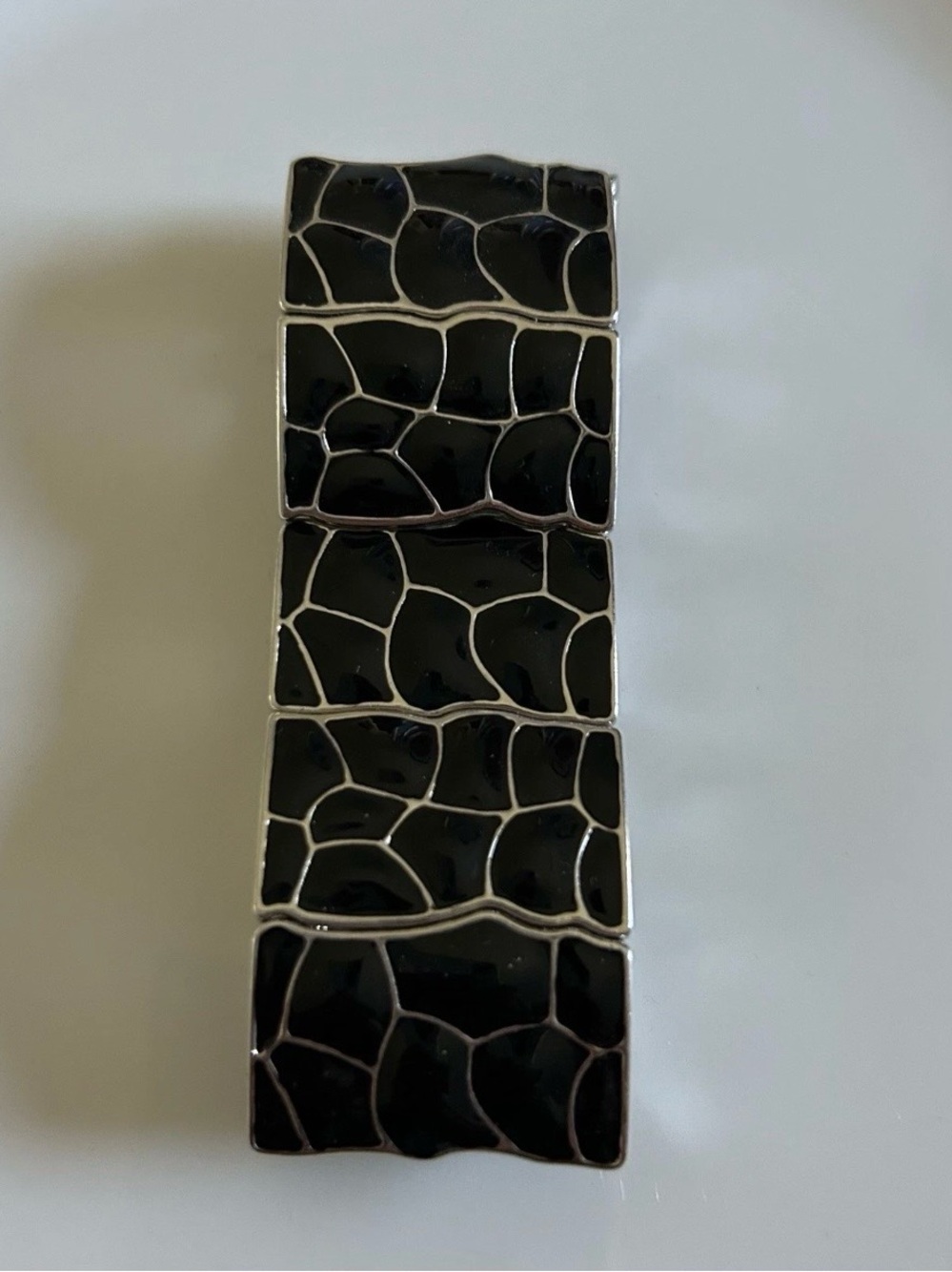 Lia Sophia Silver Tone Black Enamel Snake Skin Pattern Stretch Bangle Bracelet - Picture 3 of 4
